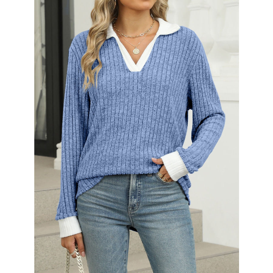 Ribbed Knit Long Sleeve T-Shirt Apparel and Accessories