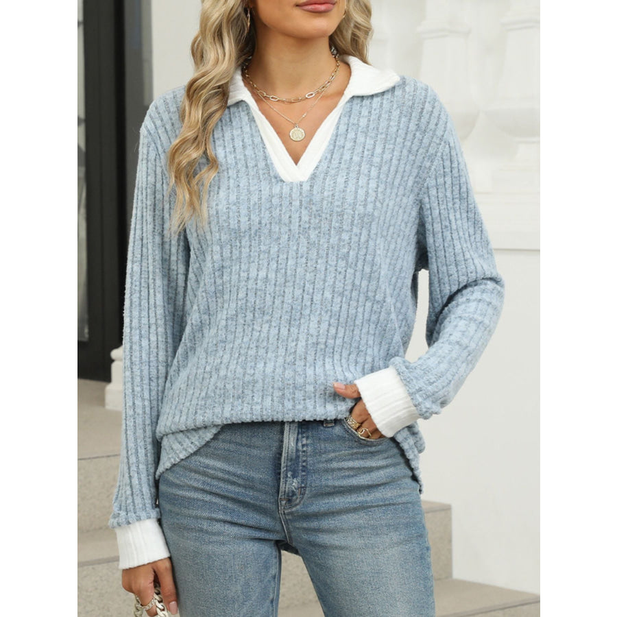 Ribbed Knit Long Sleeve T-Shirt Apparel and Accessories