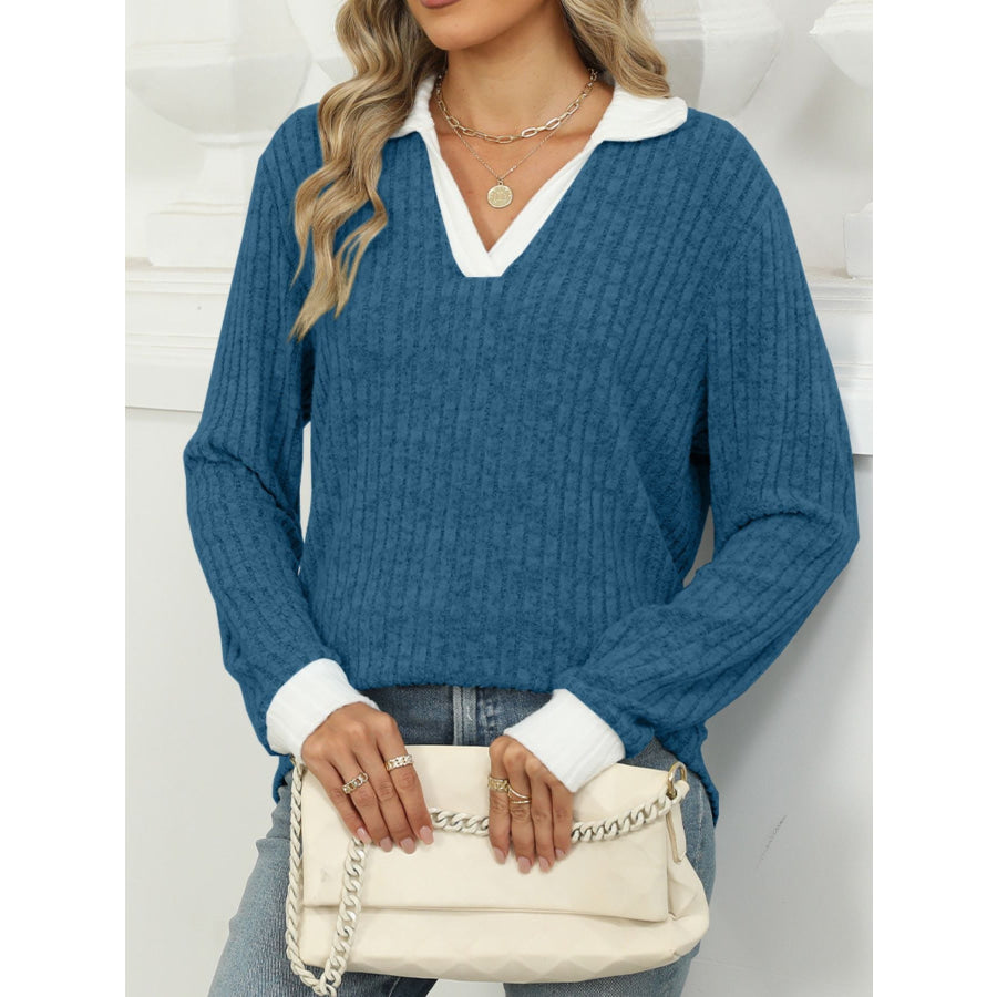 Ribbed Knit Long Sleeve T-Shirt Apparel and Accessories