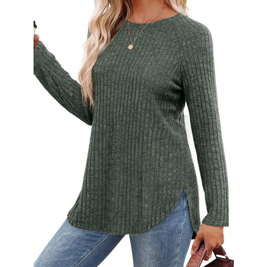 Ribbed Knit Long Sleeve T-Shirt Apparel and Accessories