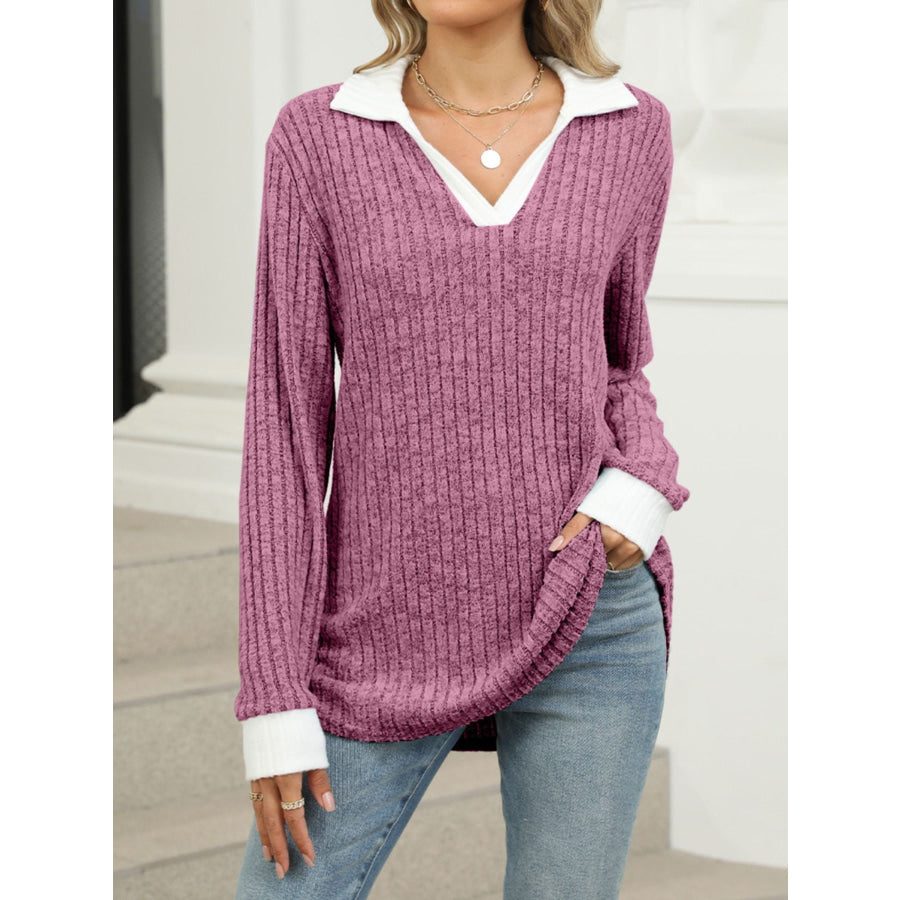 Ribbed Knit Long Sleeve T-Shirt Apparel and Accessories