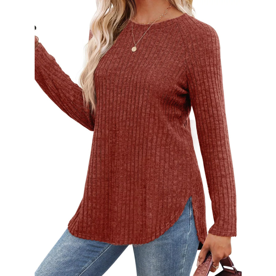 Ribbed Knit Long Sleeve T-Shirt Apparel and Accessories