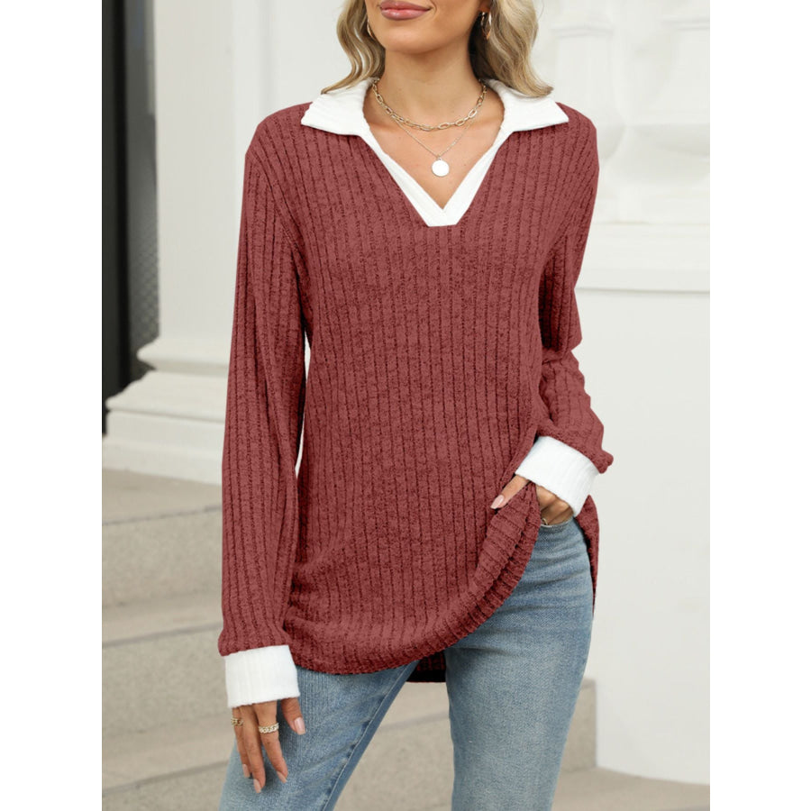 Ribbed Knit Long Sleeve T-Shirt Apparel and Accessories