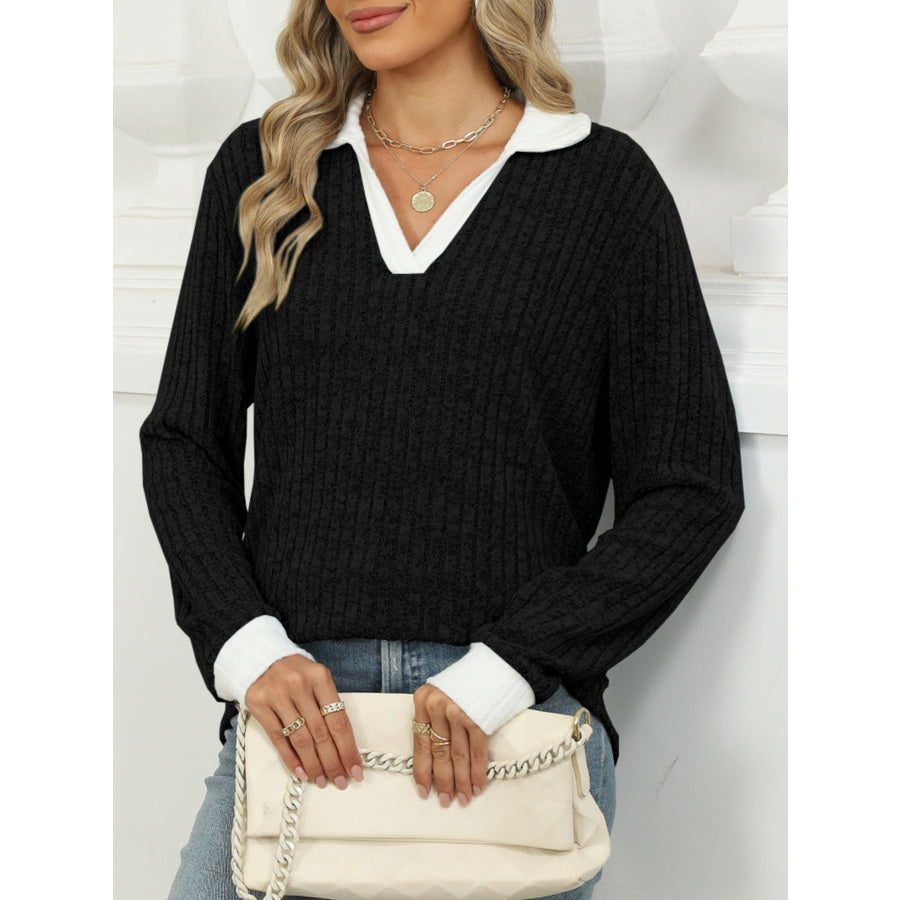 Ribbed Knit Long Sleeve T-Shirt Apparel and Accessories