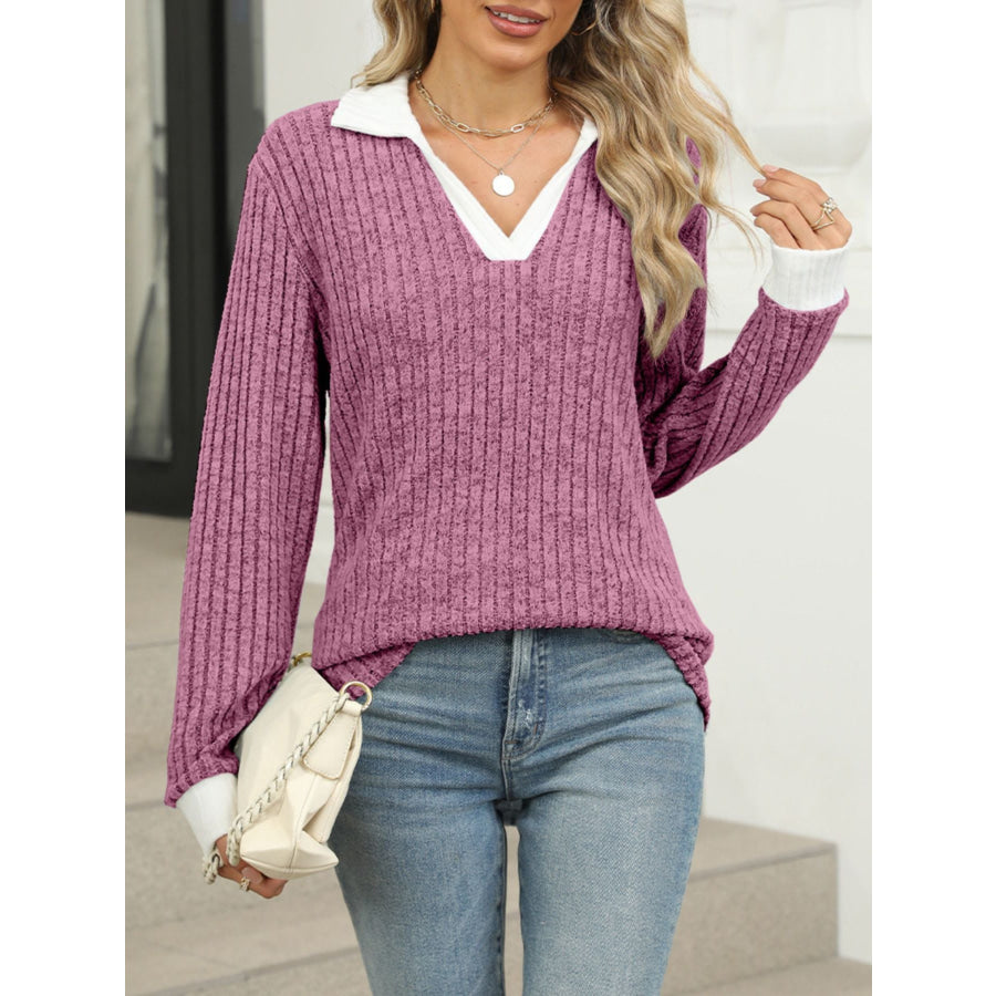 Ribbed Knit Long Sleeve T-Shirt Apparel and Accessories