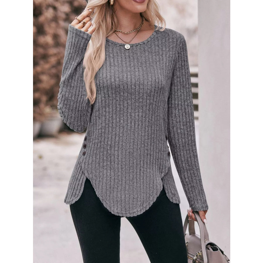 Ribbed Knit Long Sleeve T-Shirt Apparel and Accessories