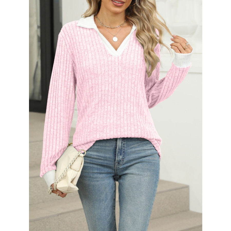 Ribbed Knit Long Sleeve T-Shirt Apparel and Accessories