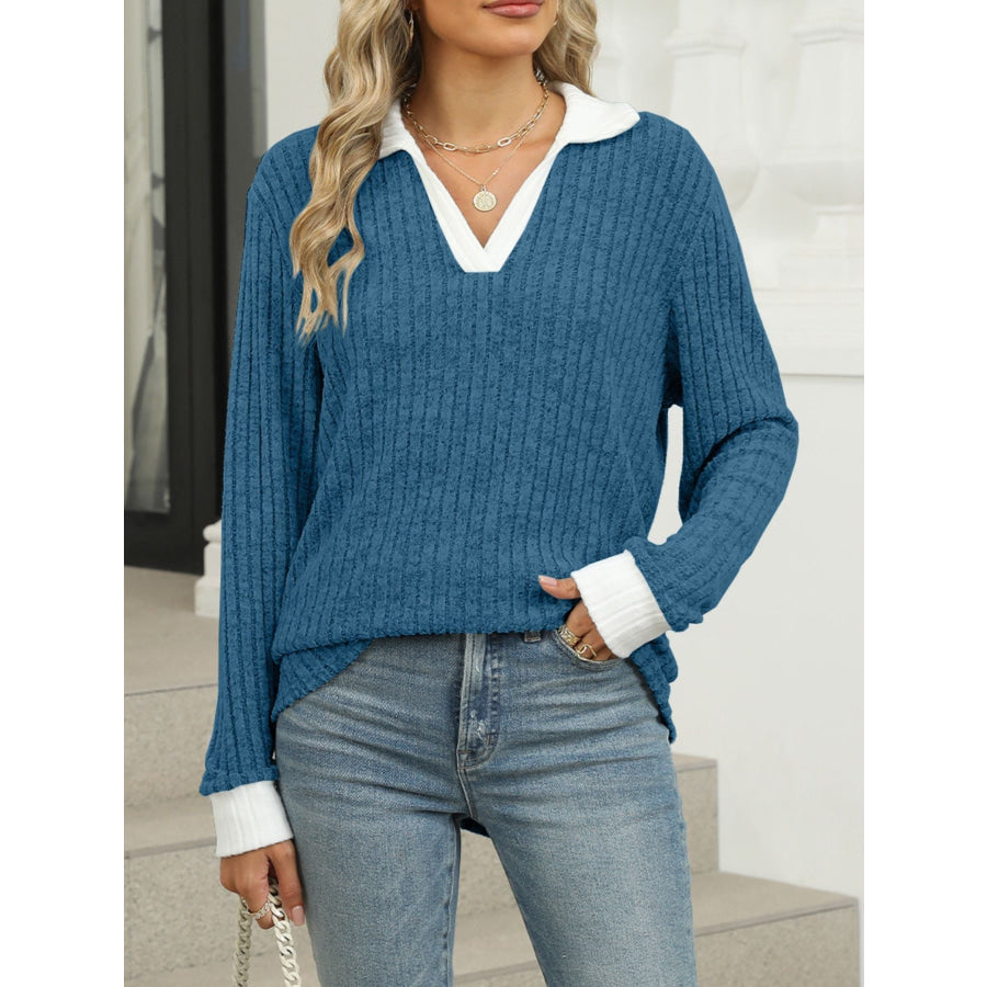 Ribbed Knit Long Sleeve T-Shirt Apparel and Accessories