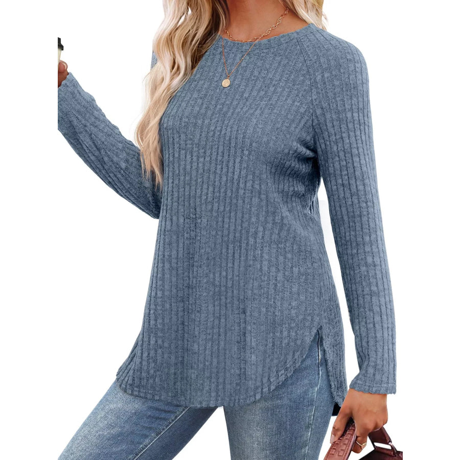 Ribbed Knit Long Sleeve T-Shirt Apparel and Accessories