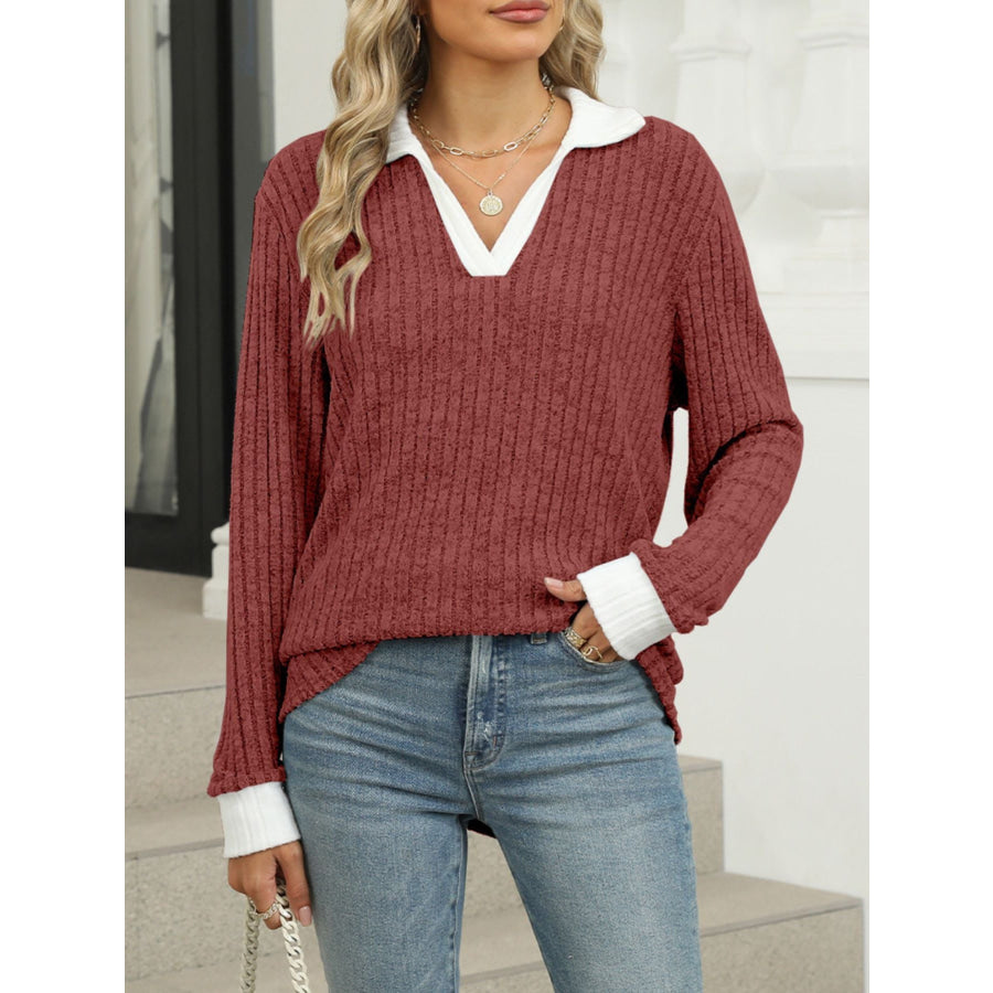 Ribbed Knit Long Sleeve T-Shirt Apparel and Accessories