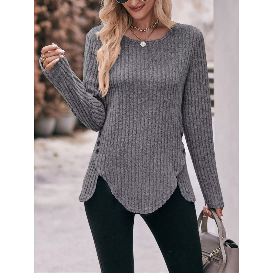 Ribbed Knit Long Sleeve T-Shirt Apparel and Accessories