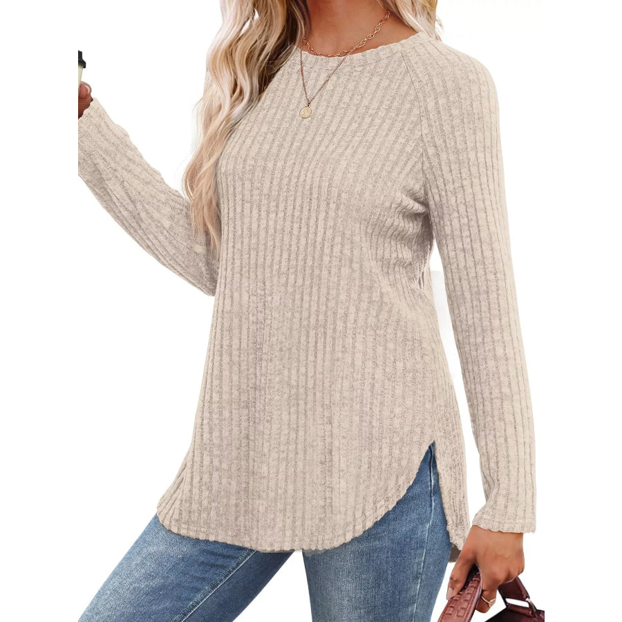 Ribbed Knit Long Sleeve T-Shirt Apparel and Accessories