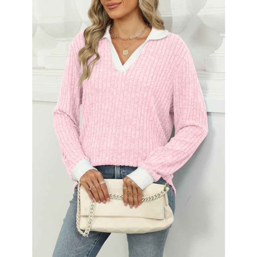 Ribbed Knit Long Sleeve T-Shirt Apparel and Accessories