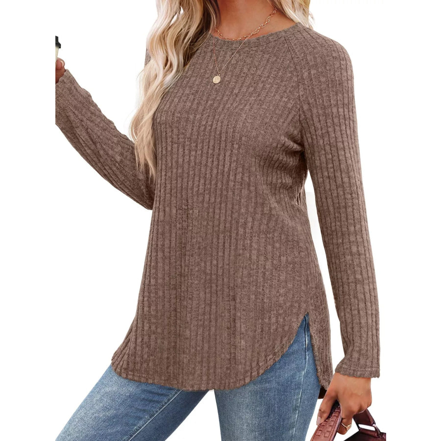 Ribbed Knit Long Sleeve T-Shirt Apparel and Accessories