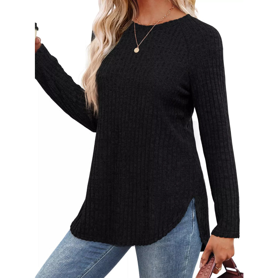 Ribbed Knit Long Sleeve T-Shirt Apparel and Accessories