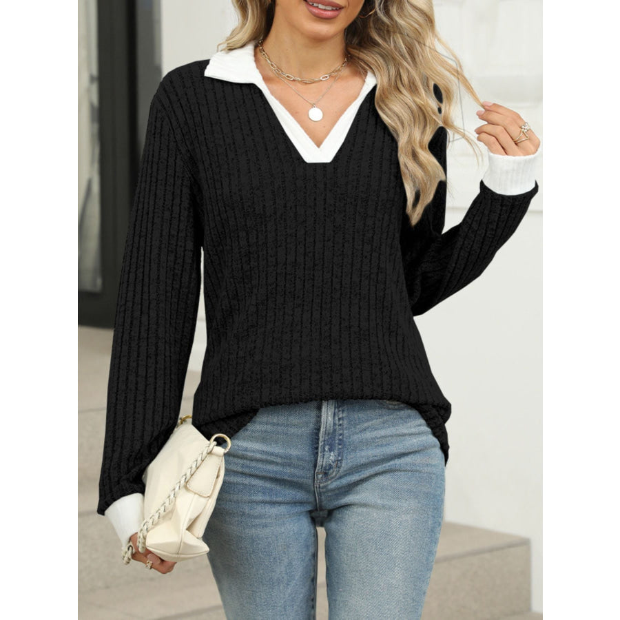 Ribbed Knit Long Sleeve T-Shirt Apparel and Accessories