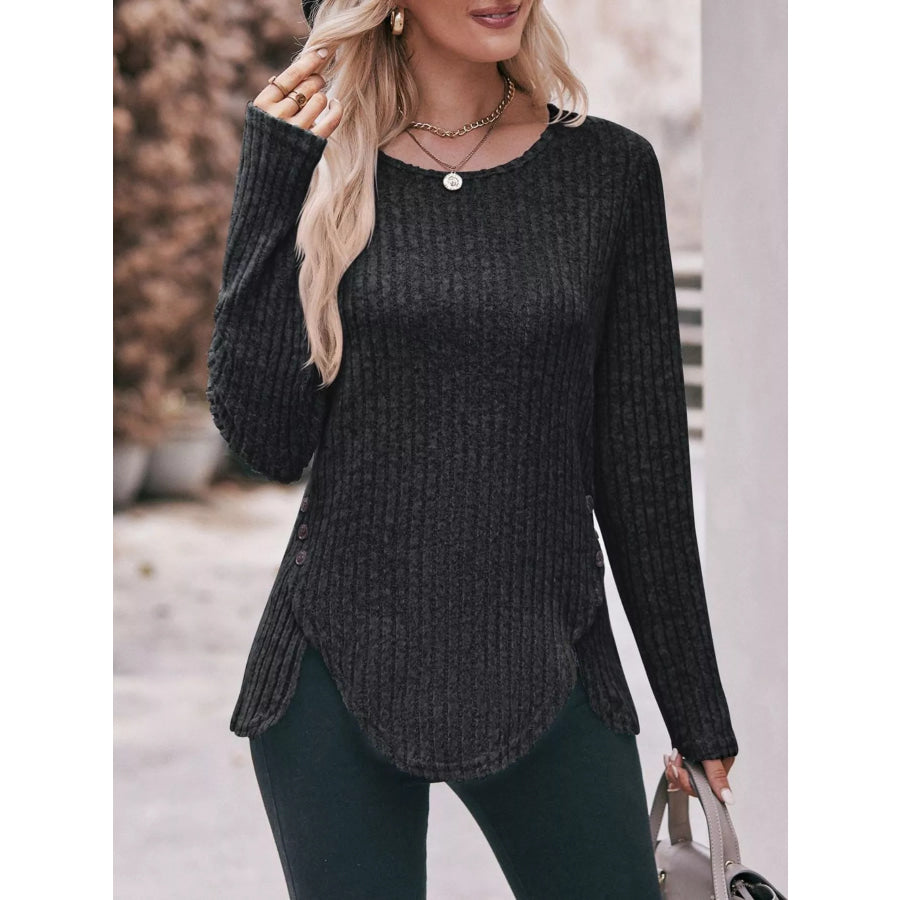 Ribbed Knit Long Sleeve T-Shirt Apparel and Accessories