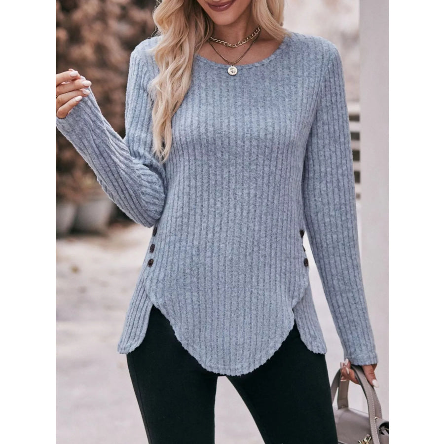 Ribbed Knit Long Sleeve T-Shirt Apparel and Accessories