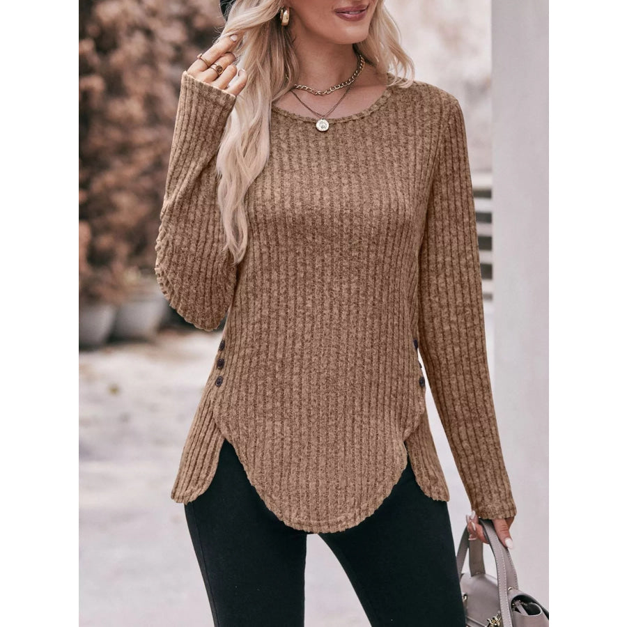 Ribbed Knit Long Sleeve T-Shirt Apparel and Accessories