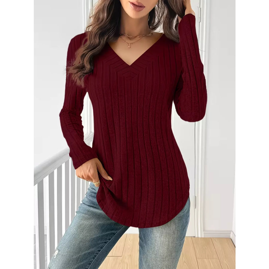 Ribbed Knit Long Sleeve T-Shirt Apparel and Accessories