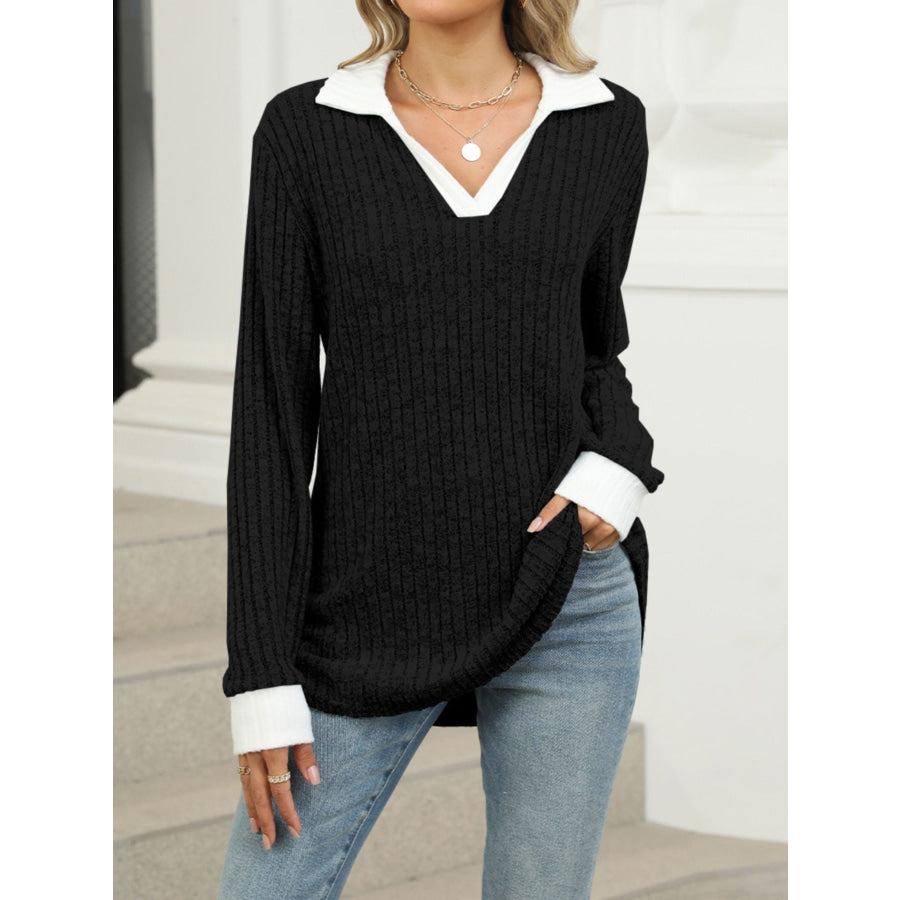 Ribbed Knit Long Sleeve T-Shirt Apparel and Accessories