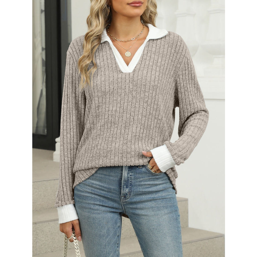 Ribbed Knit Long Sleeve T-Shirt Apparel and Accessories