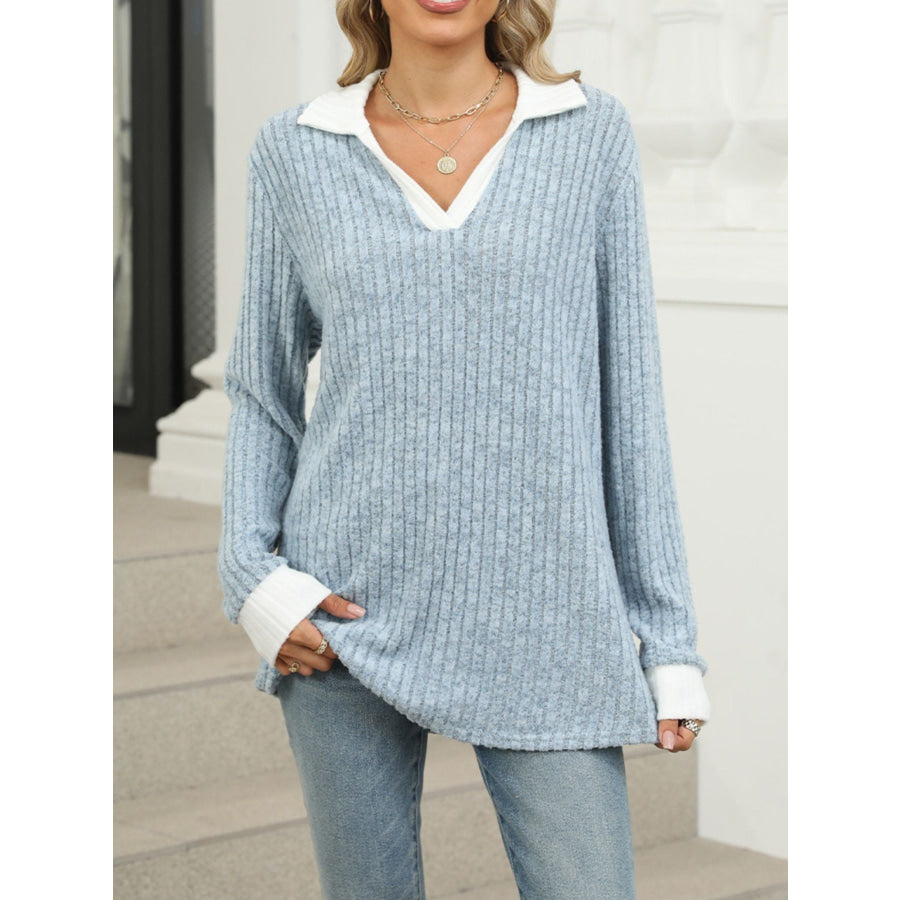 Ribbed Knit Long Sleeve T-Shirt Apparel and Accessories