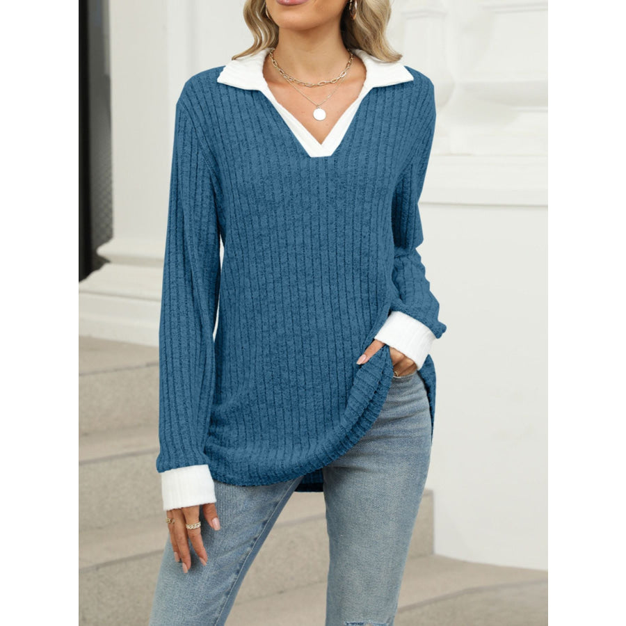 Ribbed Knit Long Sleeve T-Shirt Apparel and Accessories
