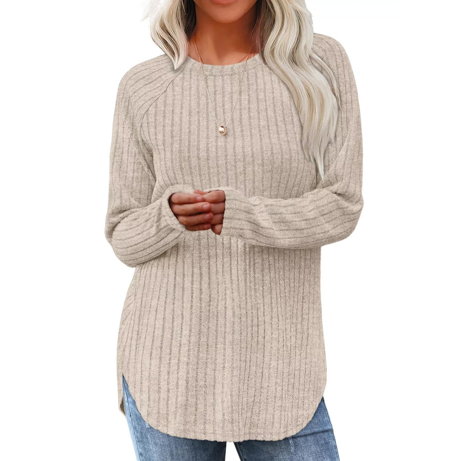 Ribbed Knit Long Sleeve T-Shirt Apricot / S Apparel and Accessories