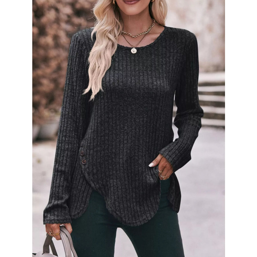 Ribbed Knit Long Sleeve T-Shirt Black / S Apparel and Accessories