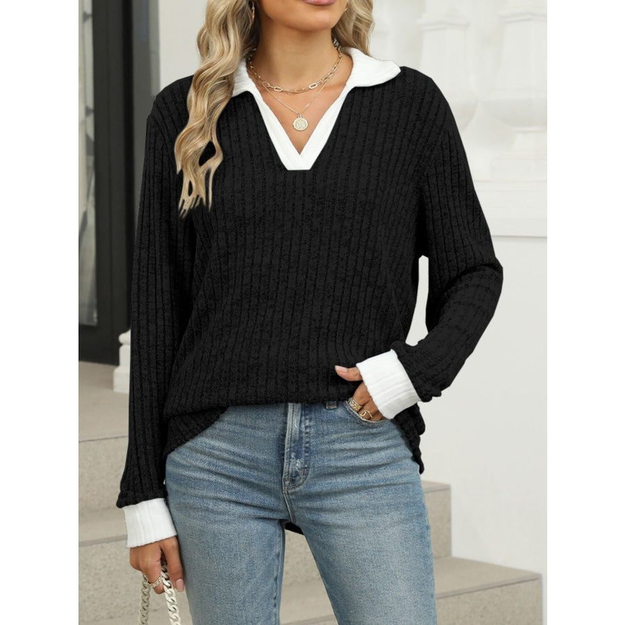 Ribbed Knit Long Sleeve T-Shirt Black / S Apparel and Accessories