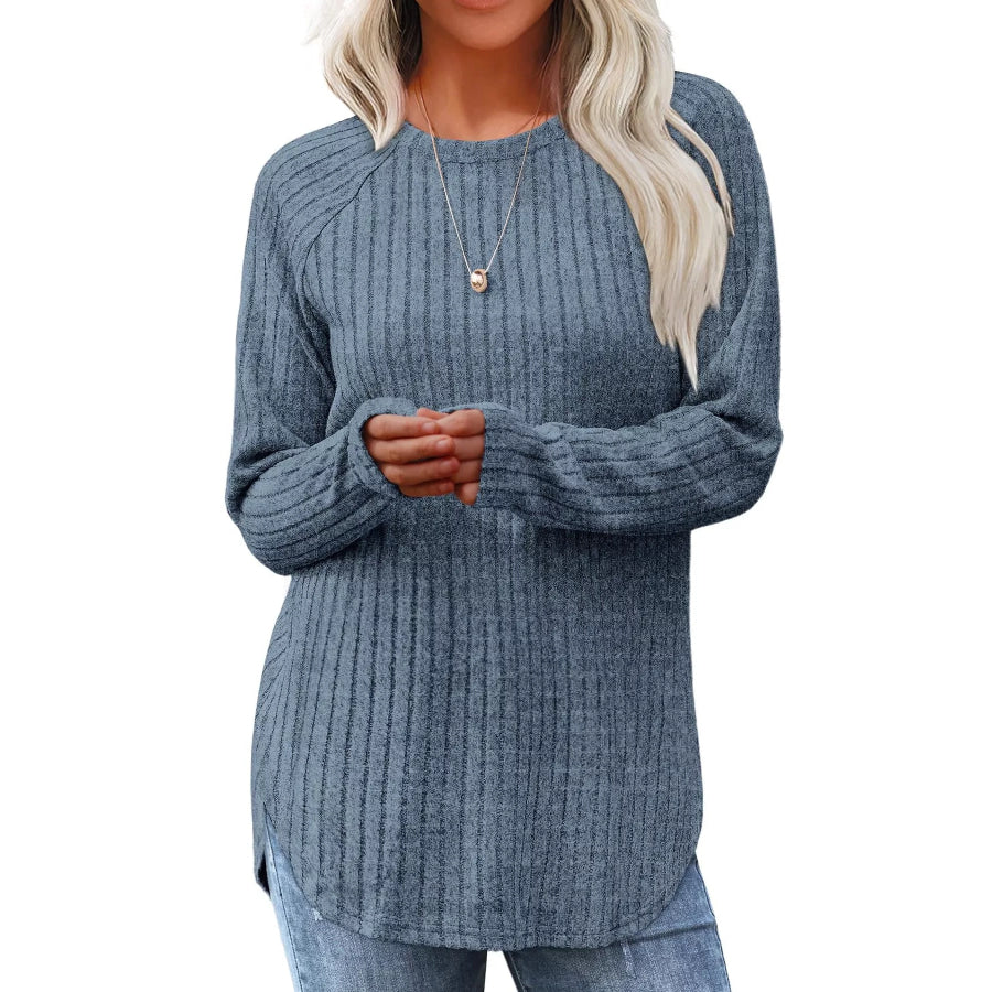 Ribbed Knit Long Sleeve T-Shirt Blue / S Apparel and Accessories