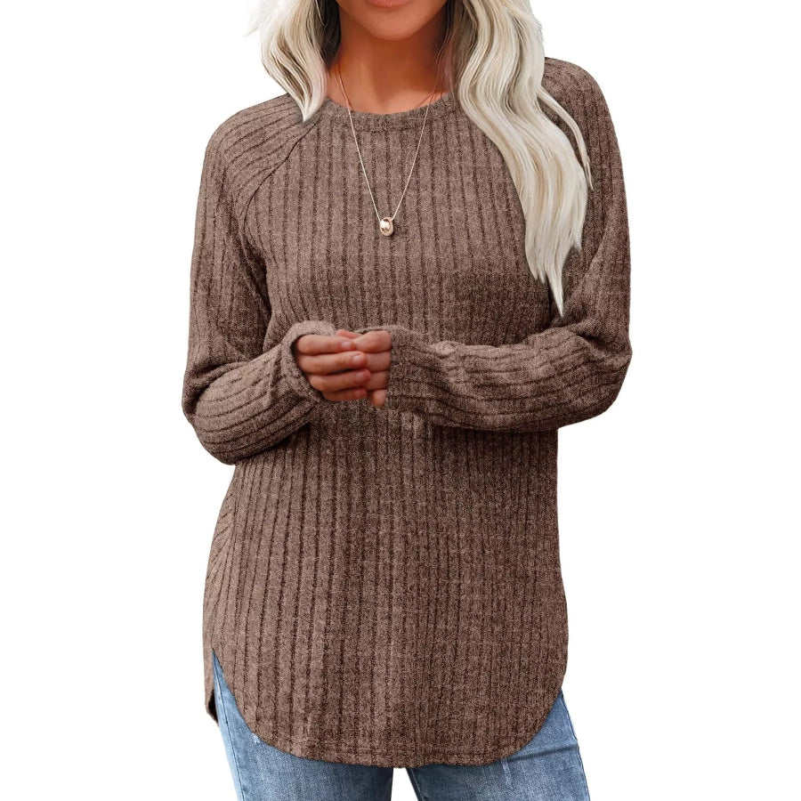 Ribbed Knit Long Sleeve T-Shirt Brown / S Apparel and Accessories