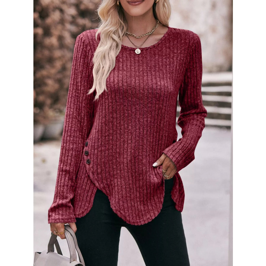 Ribbed Knit Long Sleeve T-Shirt Burgundy / S Apparel and Accessories