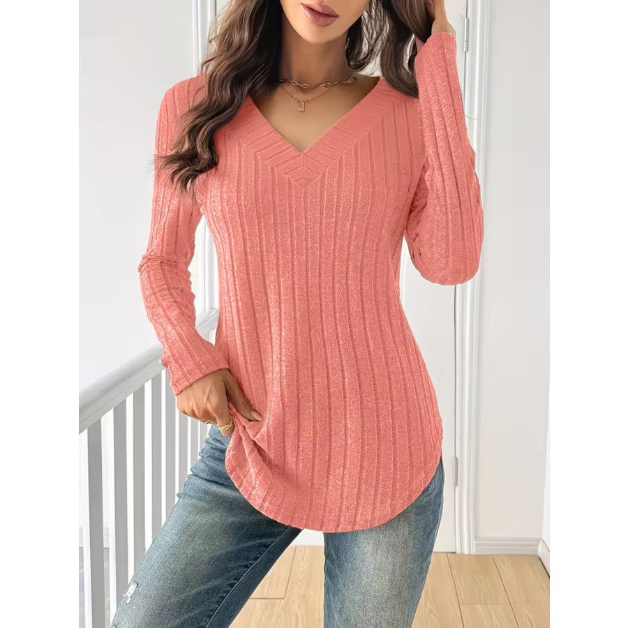 Ribbed Knit Long Sleeve T-Shirt Burnt Coral / S Apparel and Accessories