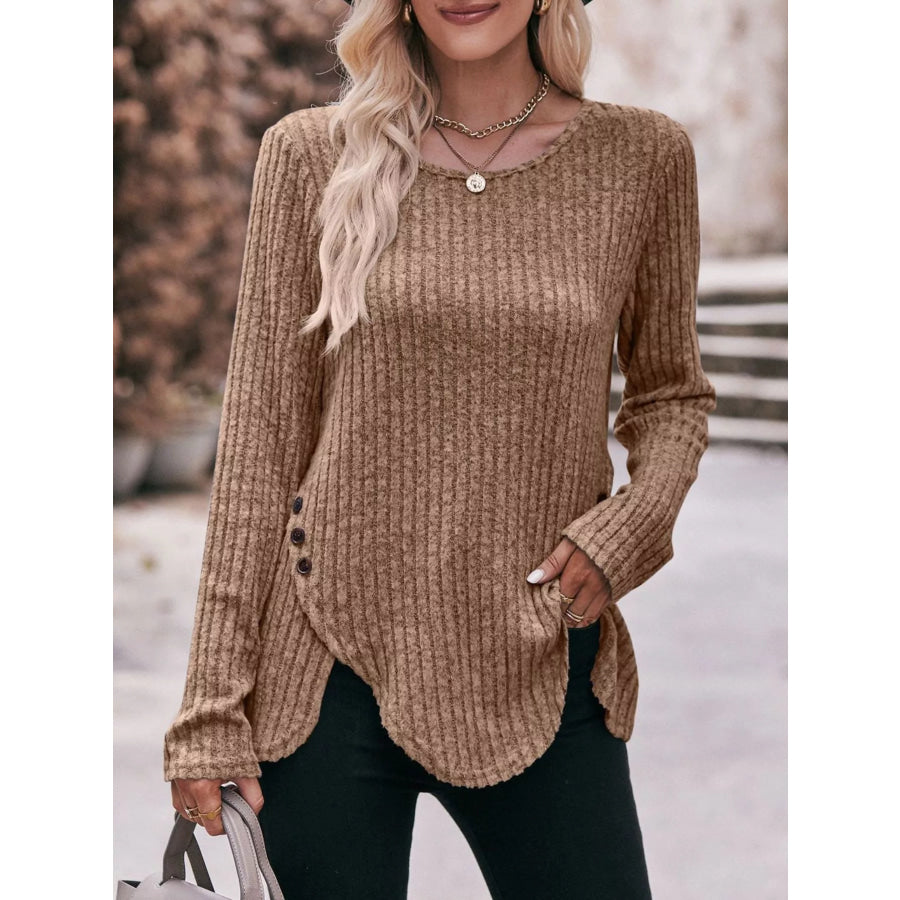 Ribbed Knit Long Sleeve T-Shirt Camel / S Apparel and Accessories