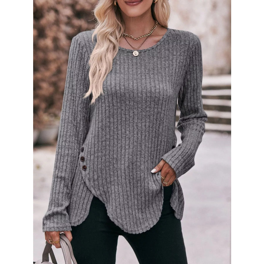 Ribbed Knit Long Sleeve T-Shirt Dark Gray / S Apparel and Accessories