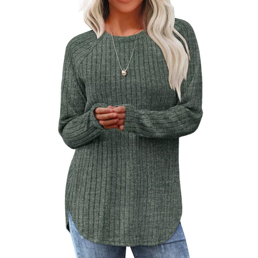Ribbed Knit Long Sleeve T-Shirt Grass Green / S Apparel and Accessories