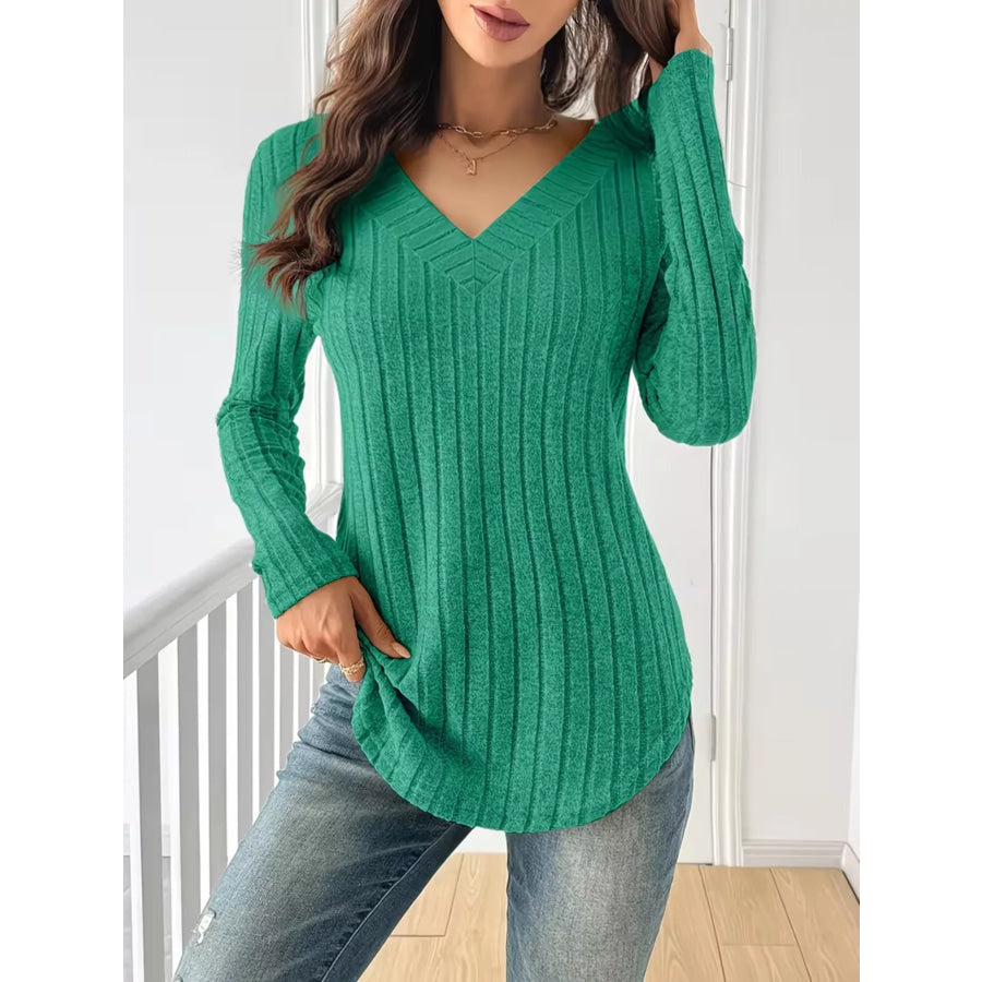 Ribbed Knit Long Sleeve T-Shirt Green / S Apparel and Accessories