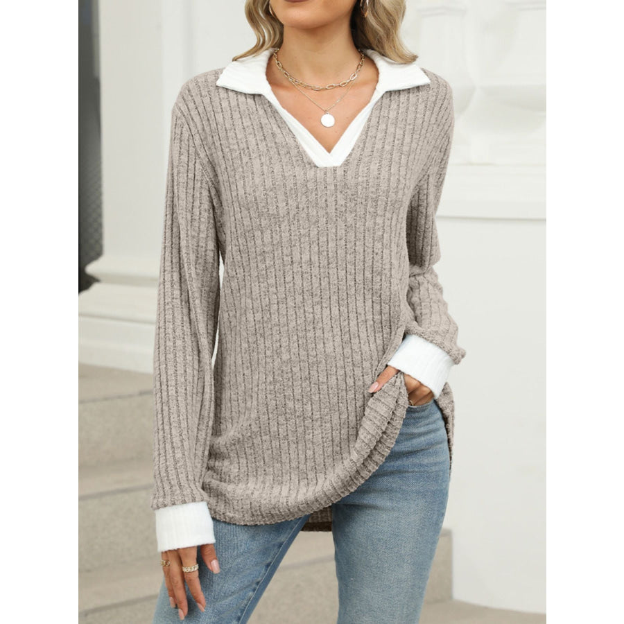 Ribbed Knit Long Sleeve T-Shirt Khaki / S Apparel and Accessories