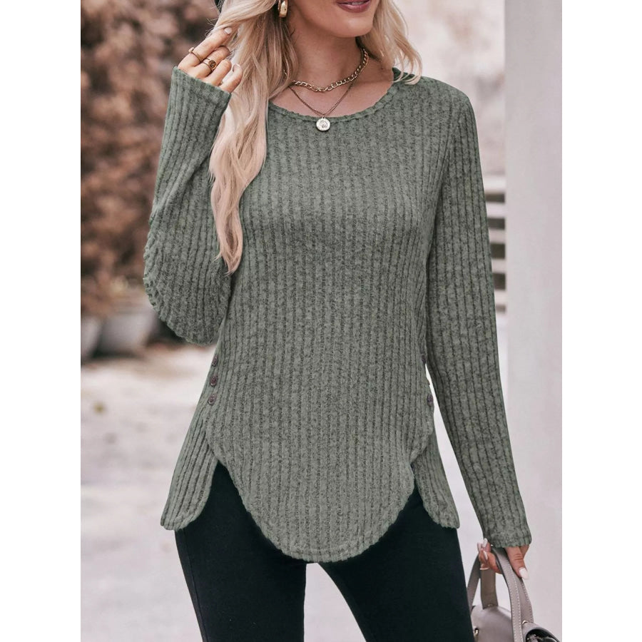 Ribbed Knit Long Sleeve T-Shirt Moss / S Apparel and Accessories