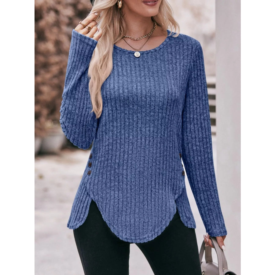 Ribbed Knit Long Sleeve T-Shirt Navy / S Apparel and Accessories