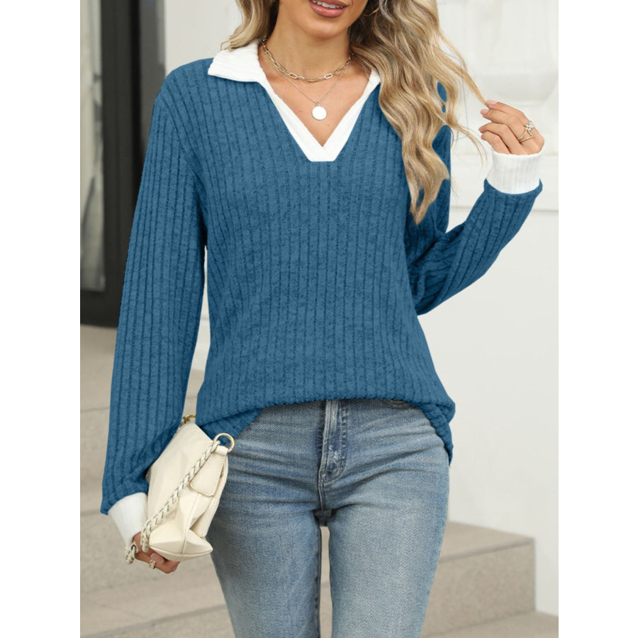 Ribbed Knit Long Sleeve T-Shirt Peacock Blue / S Apparel and Accessories