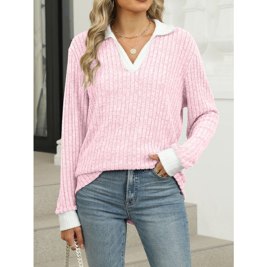Ribbed Knit Long Sleeve T-Shirt Pink / S Apparel and Accessories