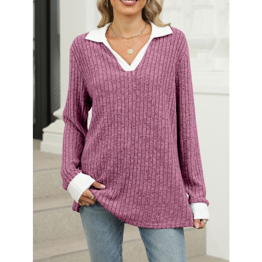 Ribbed Knit Long Sleeve T-Shirt Purple Red / S Apparel and Accessories
