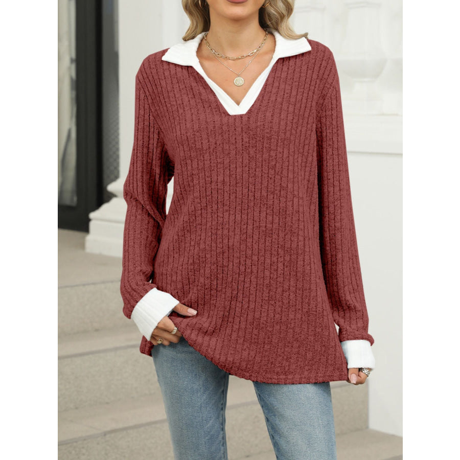 Ribbed Knit Long Sleeve T-Shirt Rust Red / S Apparel and Accessories