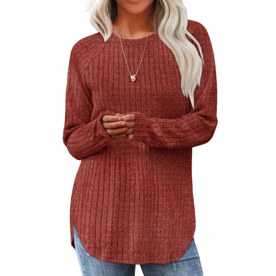 Ribbed Knit Long Sleeve T-Shirt Rust / S Apparel and Accessories