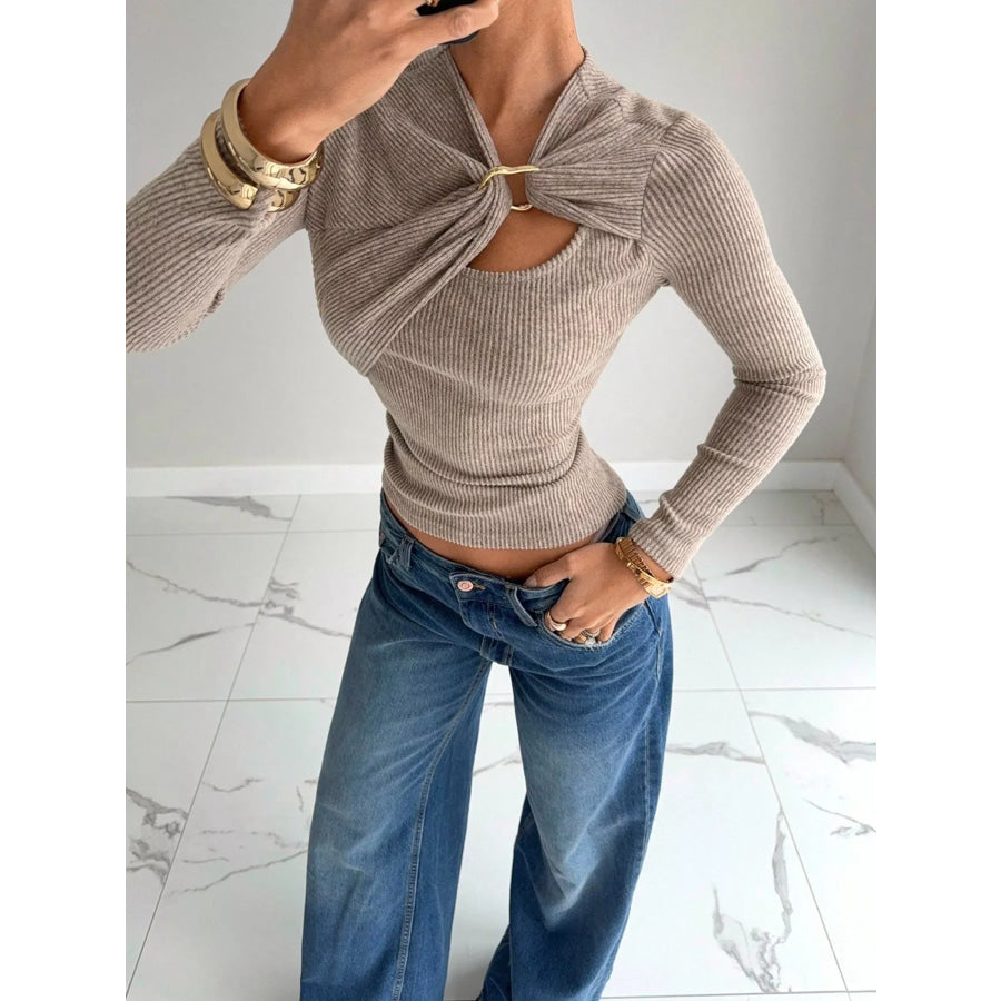 Ribbed Knit Long Sleeve T-Shirt with Metal Ring Cutout Detail Apparel and Accessories