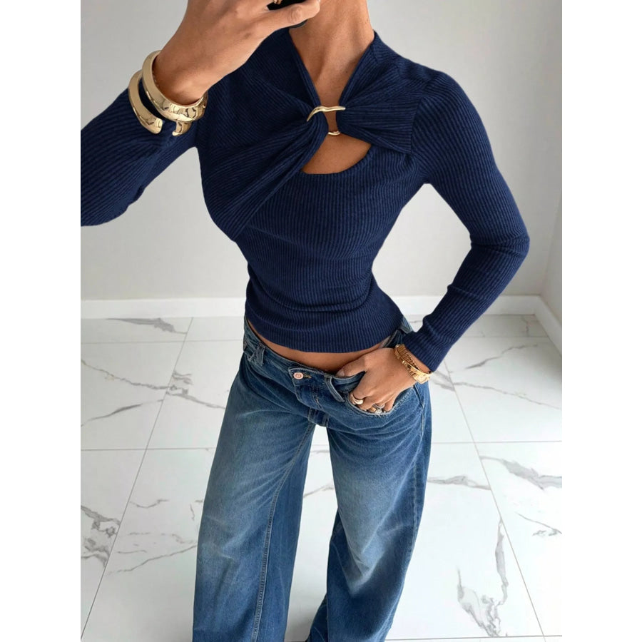 Ribbed Knit Long Sleeve T-Shirt with Metal Ring Cutout Detail Apparel and Accessories