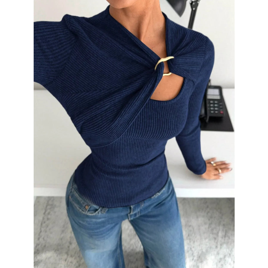 Ribbed Knit Long Sleeve T-Shirt with Metal Ring Cutout Detail Apparel and Accessories